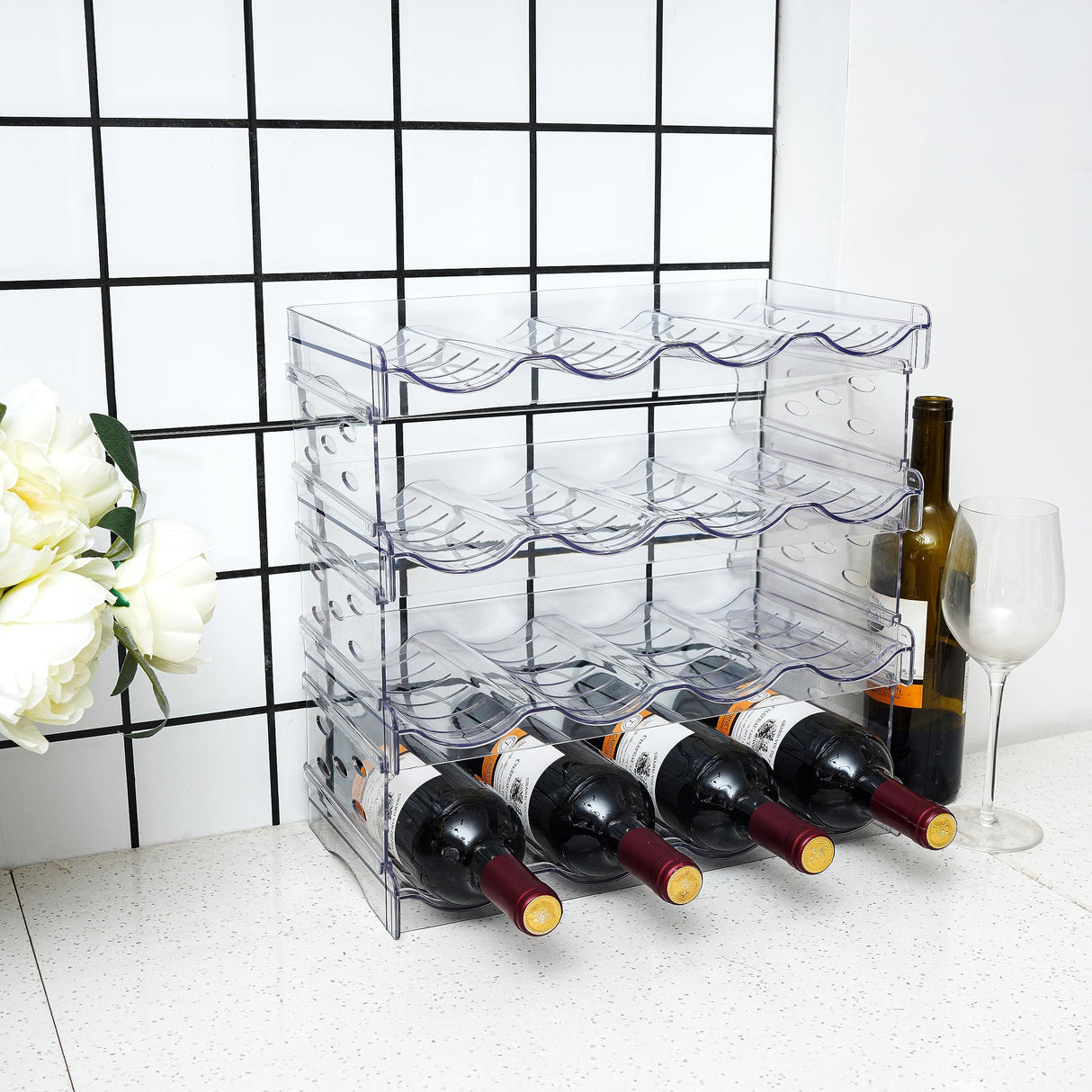 IEEK Plastic Stackable Bottle Storage Holder Rack Holds 16 Bottles,Free-Standing Water Bottle/Wine and Drink Organizer Shelf for Kitchen Cabinet,Fridge,Countertop,Pantry,Freezer,4 PackX4 Bottles,Clear IEEK