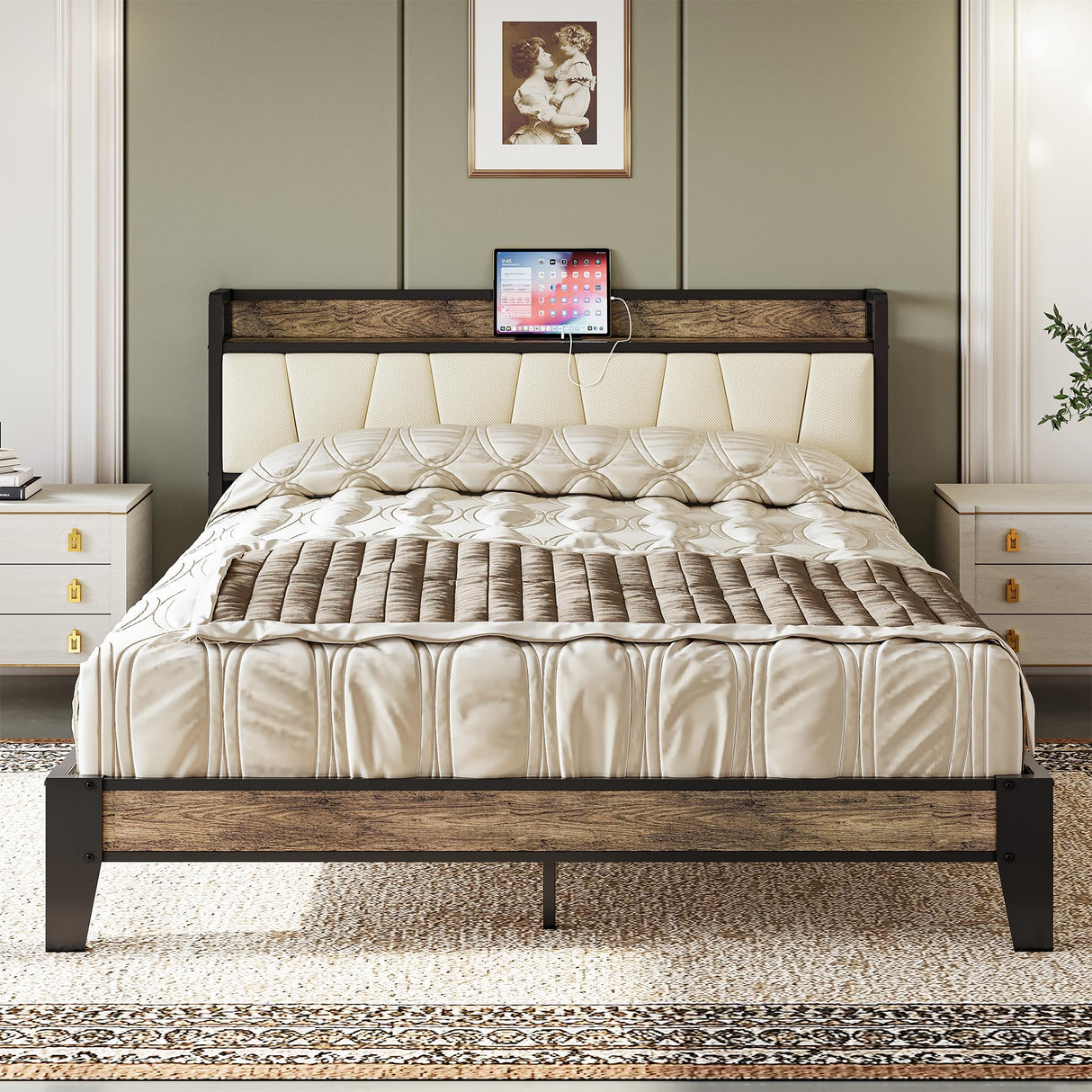 LIKIMIO Queen Bed Frame, Storage Headboard with Charging Station, Solid and Stable, Noise Free, No Box Spring Needed, Easy Assembly (Walnut and Beige) LIKIMIO