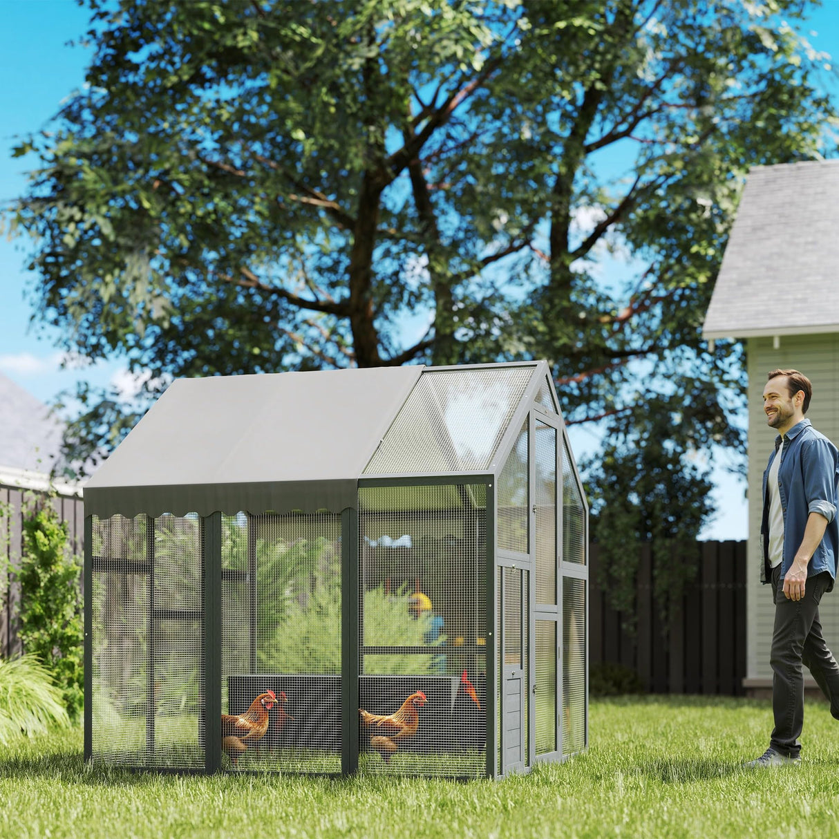 PawHut Large Chicken Run, Wooden Chicken Coop with Waterproof & Anti-UV Cover, Split Door, 2 Nesting Boxes, 2 Roosting Bars, Walk-in Chicken Pen for 6-8 Chickens, for Backyard, Farm, 5.5' x 6' x 6' PawHut