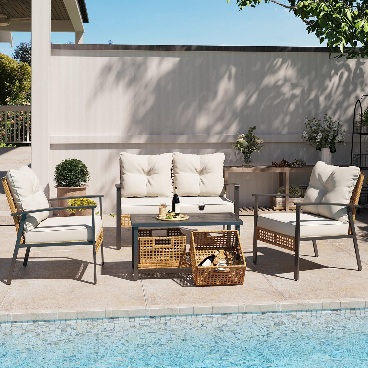 LAUSAINT HOME 6-Piece Patio Conversation Set, Luxury Oversize Patio Furniture Set with Soft Cushions and Storage Metal Coffee Table, Outdoor Furniture Sets for Backyard, Porch (with 2 Wicker Baskets) LAUSAINT HOME