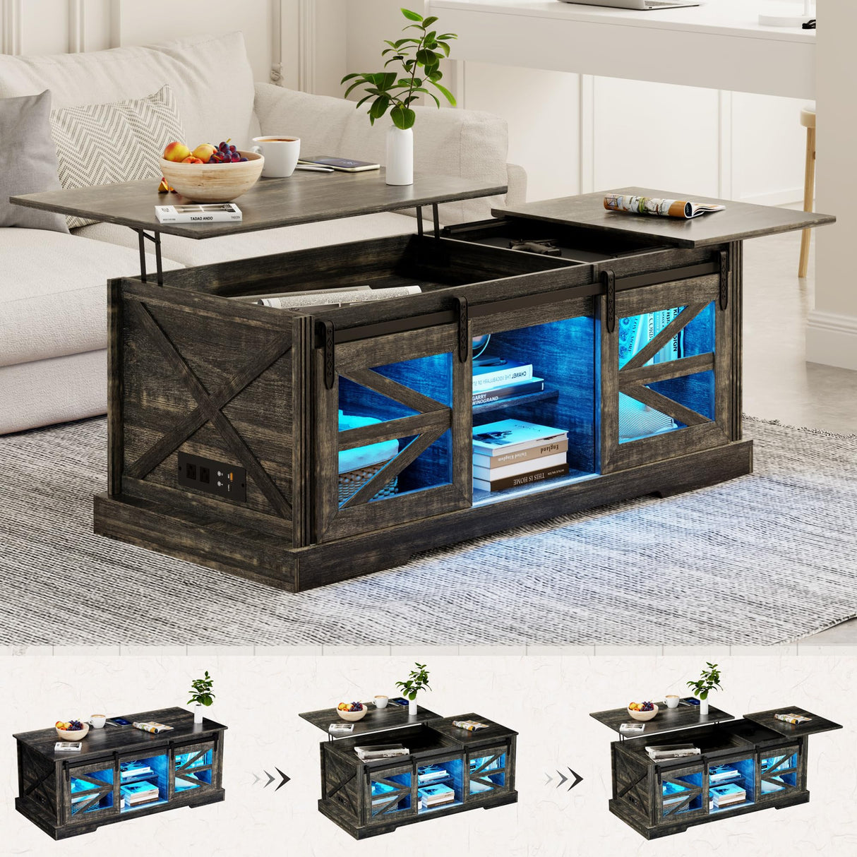 Lift Top Coffee Table with Gun Cabinet, 2 Sliding Barn Doors-Large Storage and 3 Color LED Lights fit Modern Rectangular Rustic Living Room Center Table(Dark Oak) HWB