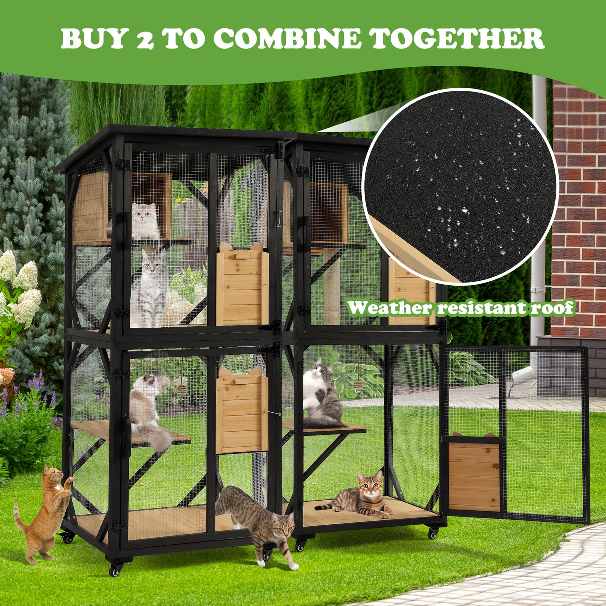 Grepatio Catio Outdoor Cat Enclosure Outside Wooden Cat House with Weatherproof Large Cat Cage Condo Outdoor Playpen with Platform and Sleep House Cat Scratching Board & Ball (Black) Grepatio