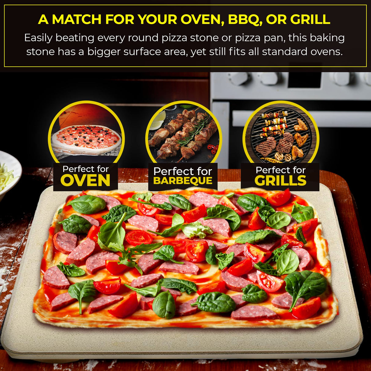 Pizza Stone - Baking Stone. SOLIDO Rectangular 14"x16" - Perfect for Oven, BBQ and Grill Solido