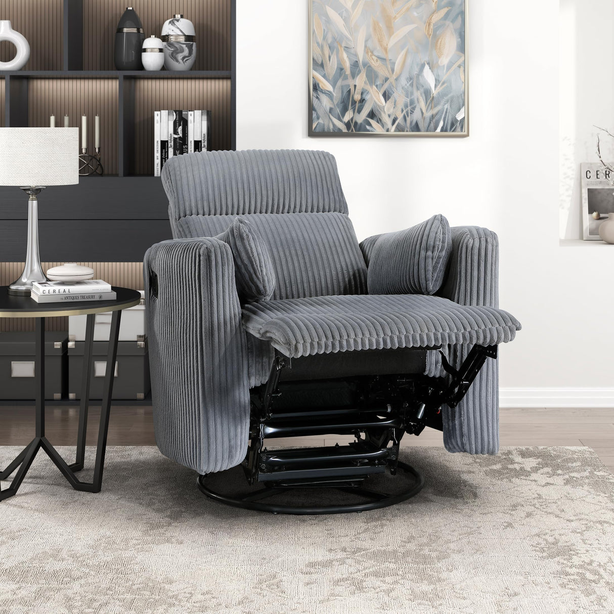 Lexicon Modern Swivel Glider Recliner Chair, Nursery Glider, Corduroy Fabric Upholstery Recliner with 2 Lumbar Pillows, Manual Reclining Sofa Chair for Living Room/Office/Apartment, Grey Lexicon