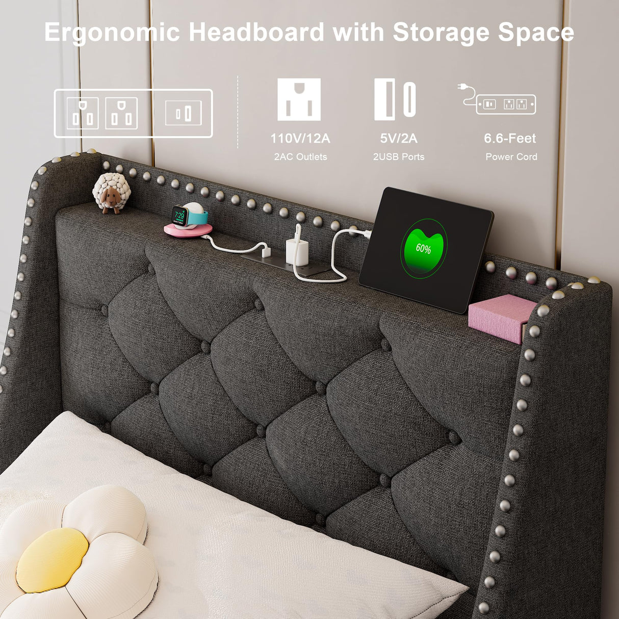 Feonase Twin Bed Frames with Luxury Wingback and Fast Charging Station,Twin Size Upholstered Button Tufted Storage Headboard Platform Bed,Sturdy Wooden Slats Support,Noise-Free,Easy Assembly,Dark Gray Feonase