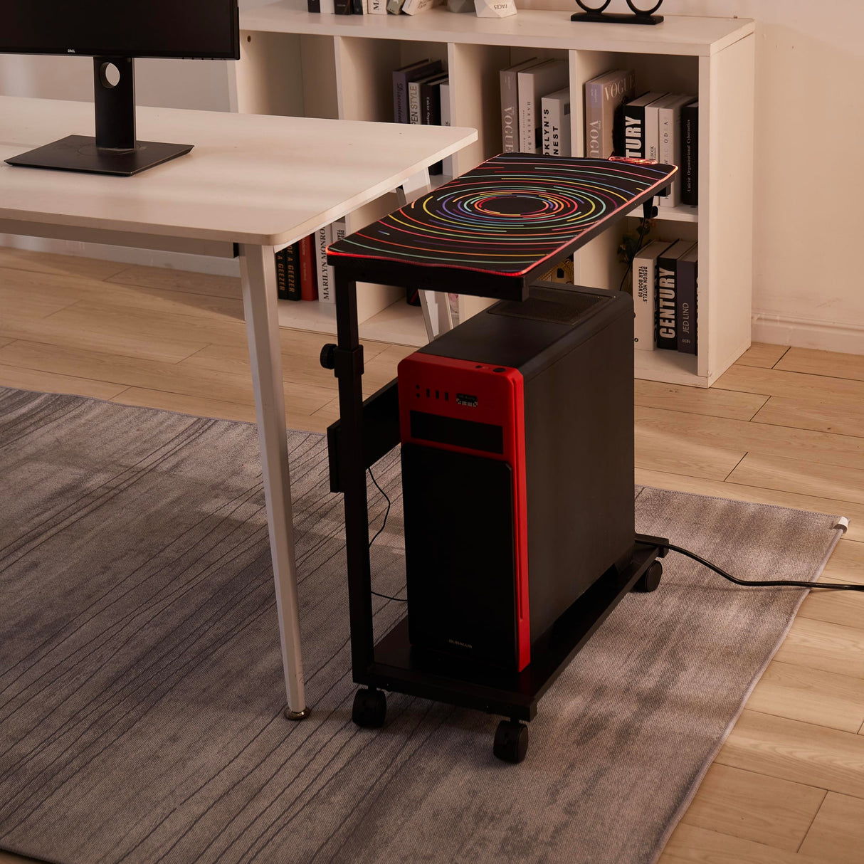 IRONKOM Adjustable Computer Tower Stand, 2-Tier ATX-Case CPU Holder Cart, Underdesk Mobile PC Standing Table, Gaming Accessories w Wheels & Mouse Pad w/Light, carben Fiber Finish, with sockets,Hooks IRONKOM