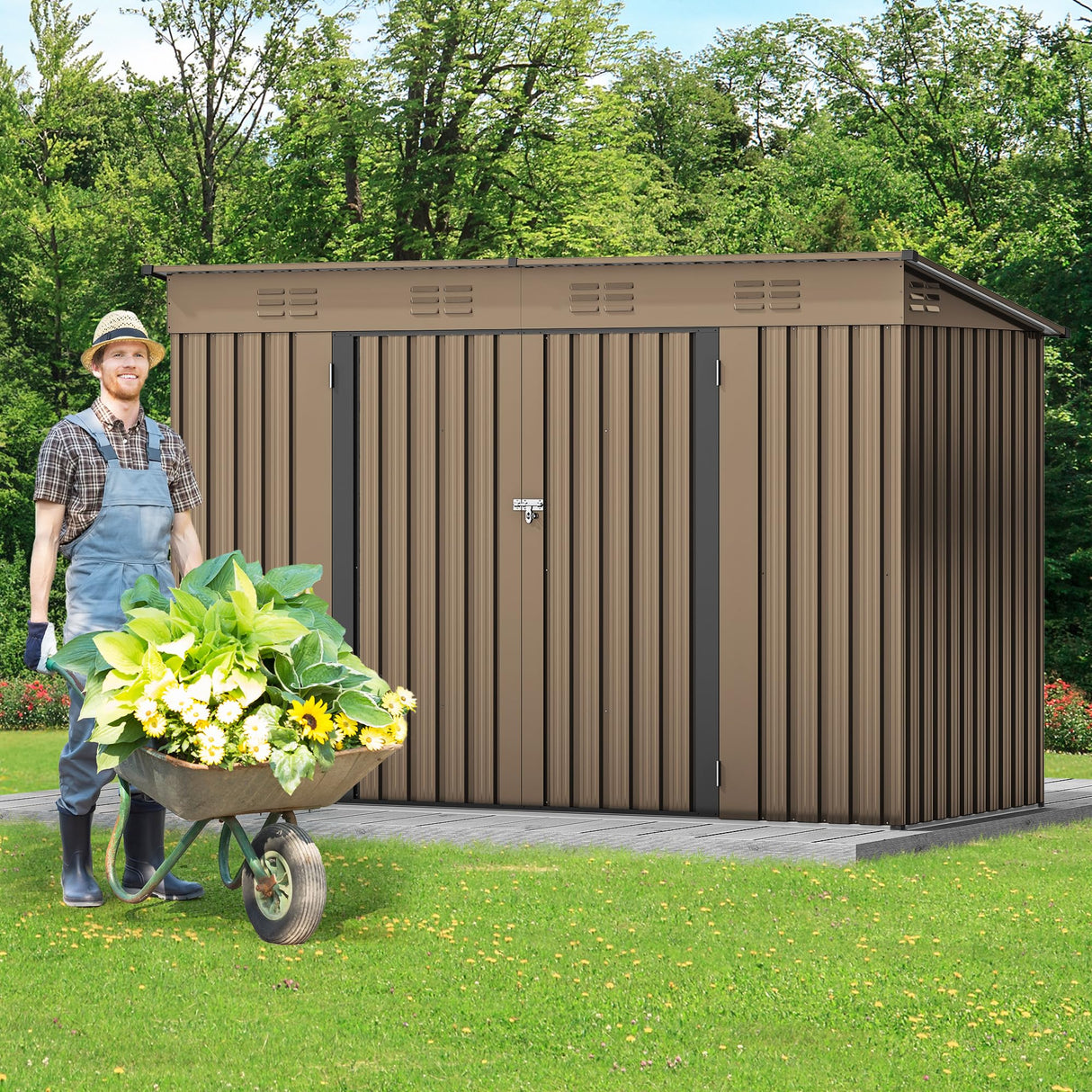 DWVO 9.1x4.2ft Large Outdoor Storage Shed, Metal Tool Sheds, Heavy Duty Tool Storage with Lockable Doors & Air Vent for Backyard Patio Lawn to Store Bikes, Tools, Lawnmowers,Brown DWVO