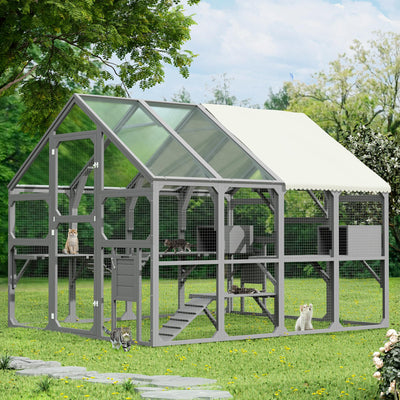 ZMAD Large Catio Outdoor Cat Enclosure for Multiple Kittens, Wooden Cat House with 7 Platforms, 2 Resting Boxes, 1 Bridge and 1 Ramp, Walk in Kitty Cage Kennel with Sunshine Board Roof, Gray