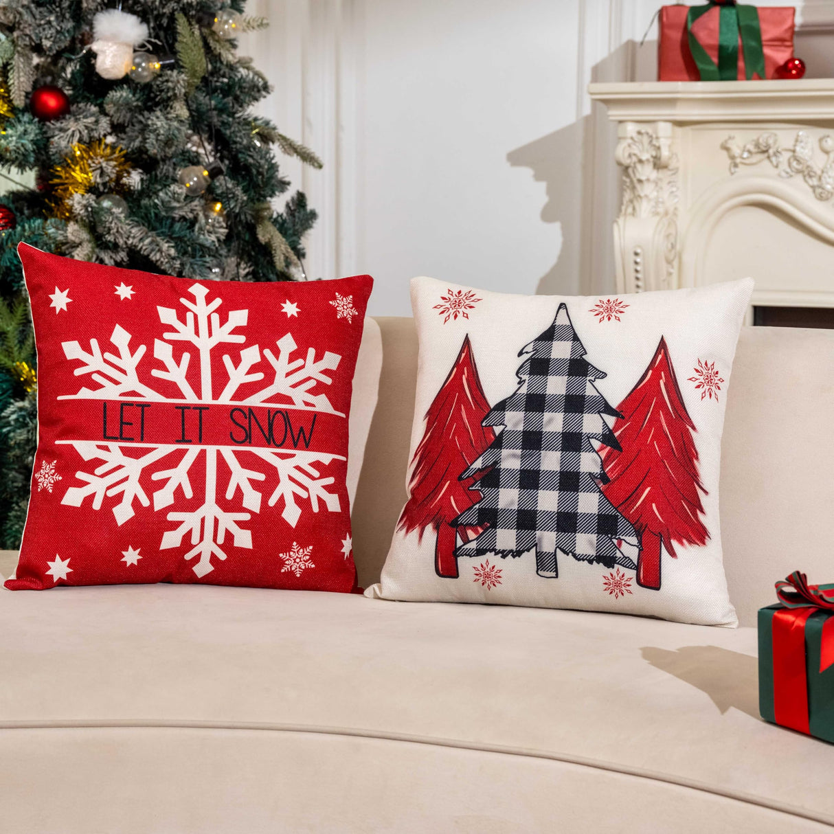 Red Christmas Decorations-Throw Pillow Covers 18x18 in Set of 4,Decorative Joy Snowflake Pillow Case for Couch Sofa Winter Holiday Indoor Outdoor Home Red White Xams Decorations Hongsome