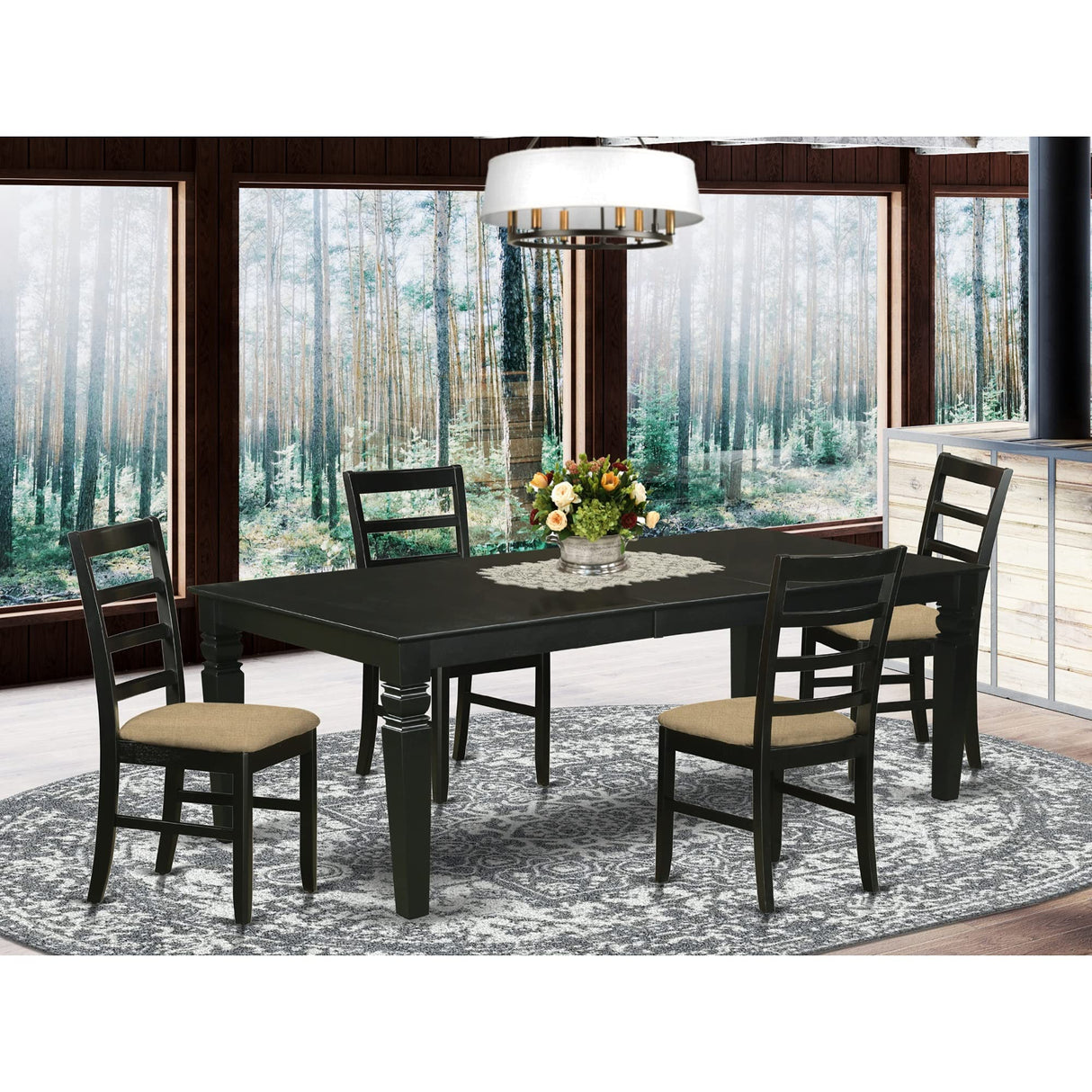 East West Furniture LGPF5-BLK-C Logan 5 Piece Kitchen Set Includes a Rectangle Dining Room Table with Butterfly Leaf and 4 Linen Fabric Upholstered Chairs, 42x84 Inch East West Furniture