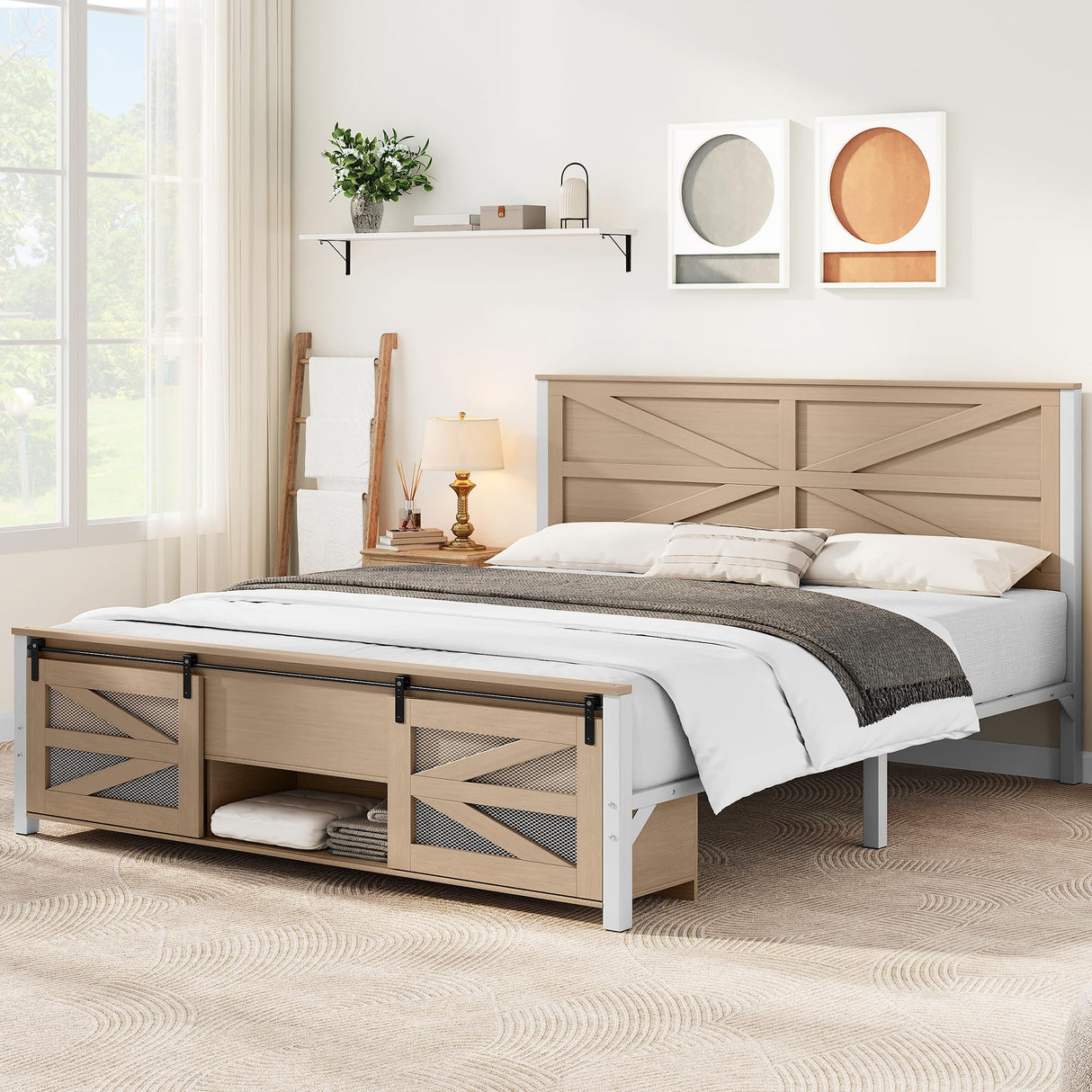 YITAHOME Queen Size Farmhouse Bed Frame with Sliding Barn Door Storage Cabinets, Platform Bed Frame with 47.2" Headboard, Solid Metal Slats Support, Noiseless, No Box Spring Needed, Oak YITAHOME
