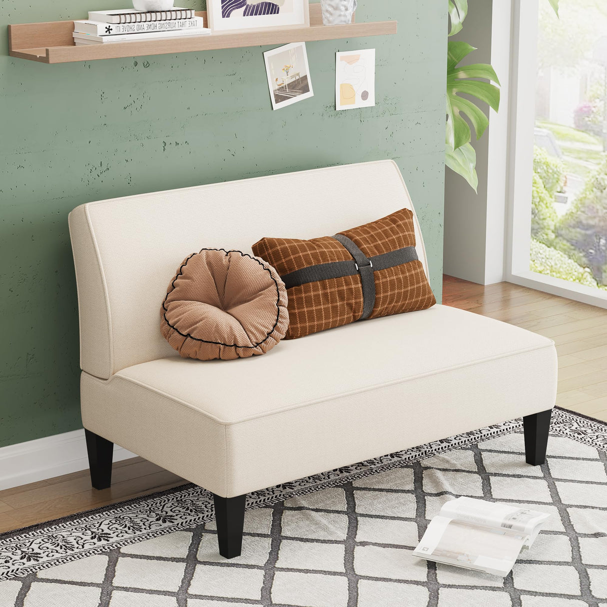 Yongqiang Small Loveseat Mini Sofa Couch Accent Upholstered Bench with Back Living Room Bedroom Office Armless Love Seat Settee Beige Yongqiang