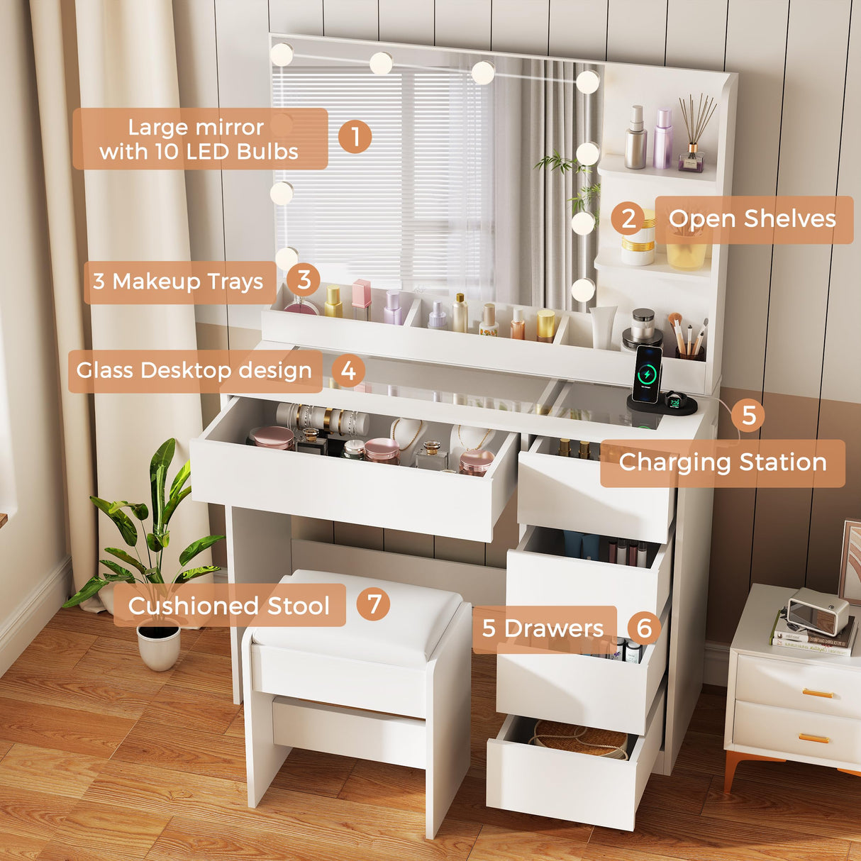 ANWBROAD Makeup Vanity Desk with Lighted Mirror & Power Outlet 35.4" Vanity Table Set with Glass top 5 Drawers Shelves Small Modern Dressing Table 3 Lighting Colors Stool Bedroom White Girls UBDT74W ANWBROAD