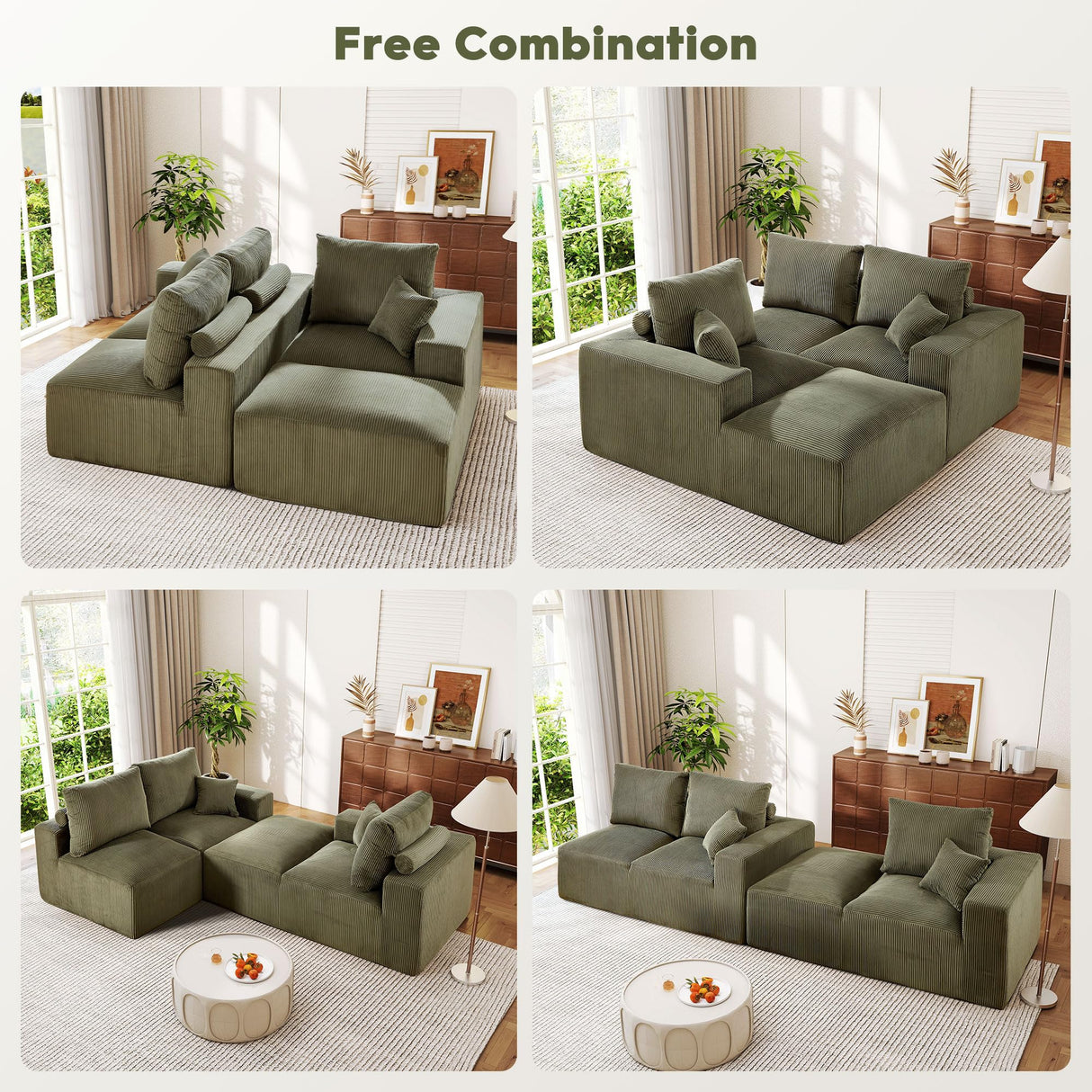 WESTSETLUX 108” Cloud Sectional Sofa Couch with High-Seat, Corduroy Modular Sofa with Oversized Chaise, High-Back Modern L-Shaped Couches for Living Room, No Assembly Required (Green) WESTSETLUX