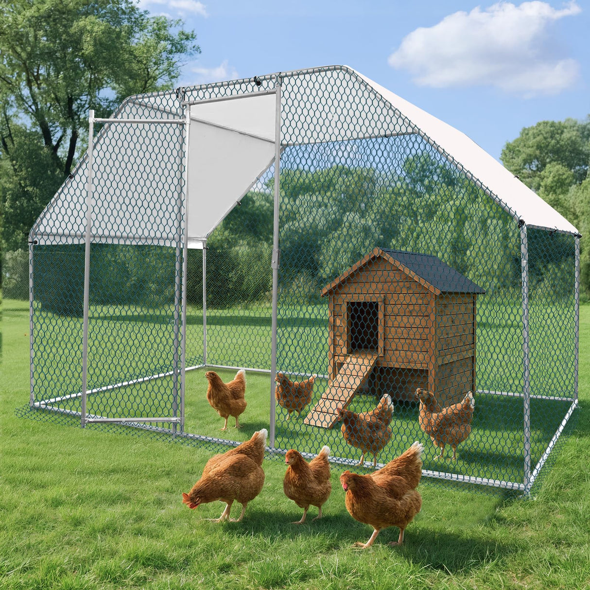 VINGLI Large Chicken Coop, Metal Poultry Cage for Chicken Run, Walk-in Flat-roof Chicken Pen with Waterproof & Anti-UV Cover Outdoor (6.5×9.8×6.5 ft) VINGLI