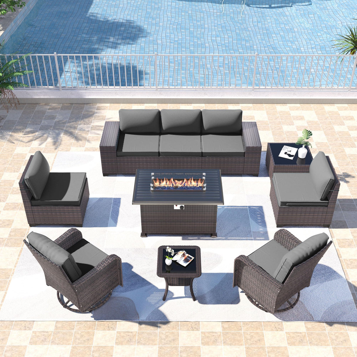 Kullavik 10 Pieces Outdoor Patio Furniture Set,PE Wicker Rattan Sectional Sofa Patio Conversation Sets with 43" 55000BTU Gas Propane Fire Pit Table,Swivel Rocking Chairs Set,Grey Kullavik