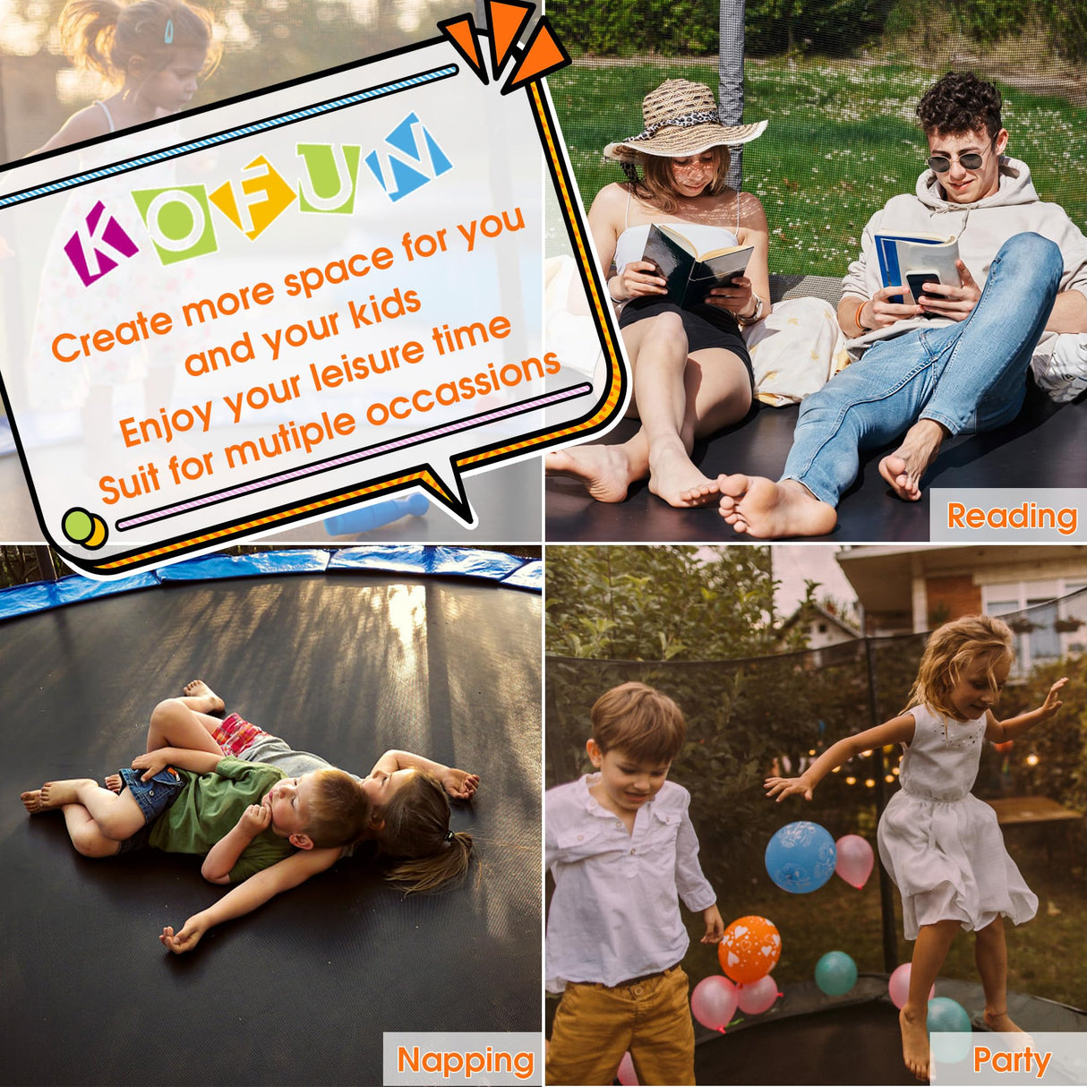 KOFUN 1500LBS 8 10 12 14 16 FT Tranpoline Outdoor for Kids Adults, Tranpoline with Net Ladder Basketball Hoop Light, Recreational Tranpolines, ASTM Approval, Easy to Assemble, Curved Poles Larger Room KOFUN