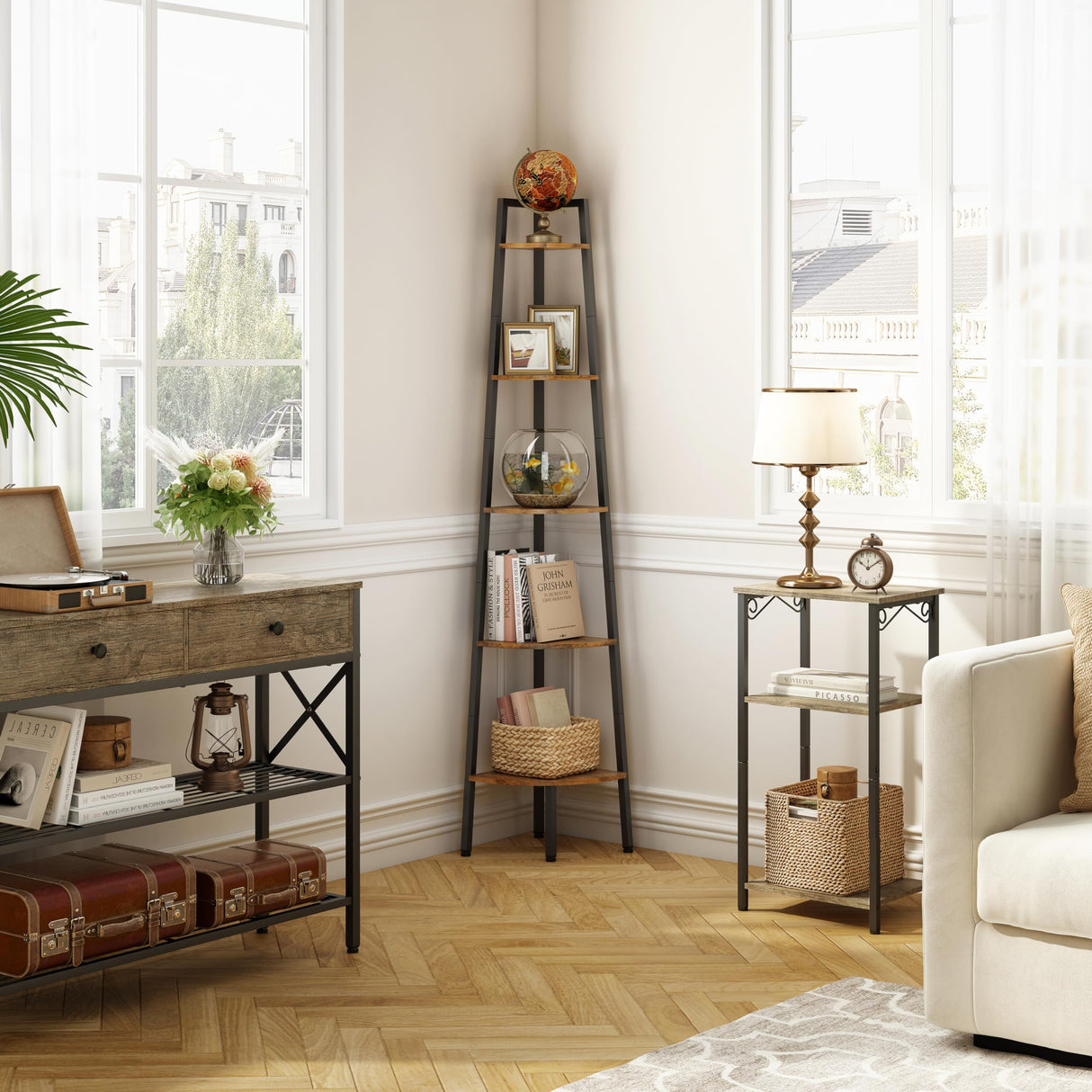 Hoctieon 5-Tier Rustic Brown Corner Shelf - Industrial Ladder Display Rack for Small Spaces Hoctieon