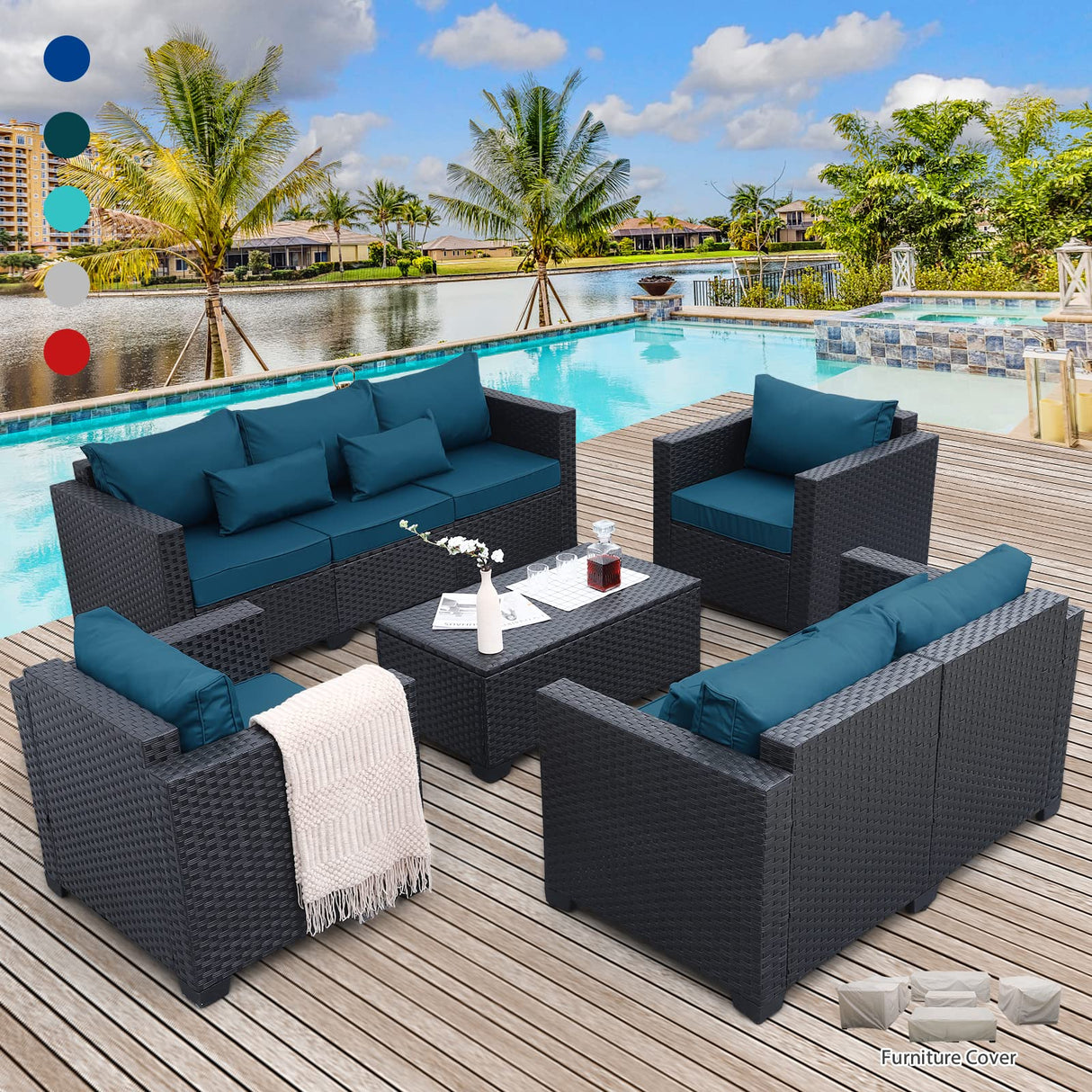 Rattaner Patio Furniture Set 5 Pieces Outdoor Furniture Sets Patio Couch Outdoor Chairs Coffee Table Peacock Blue Anti-Slip Cushions and Waterproof Covers Rattaner