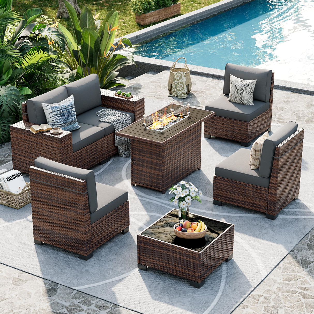 UDPATIO Patio Furniture Set with Fire Pit Table, 8 Inch Armrest Outdoor Sectional Sofa, 7 Piece Wicker Outdoor Furniture Conversation Sets with Waterproof Cover for Backyard Deck(Brown/Dark Grey) UDPATIO