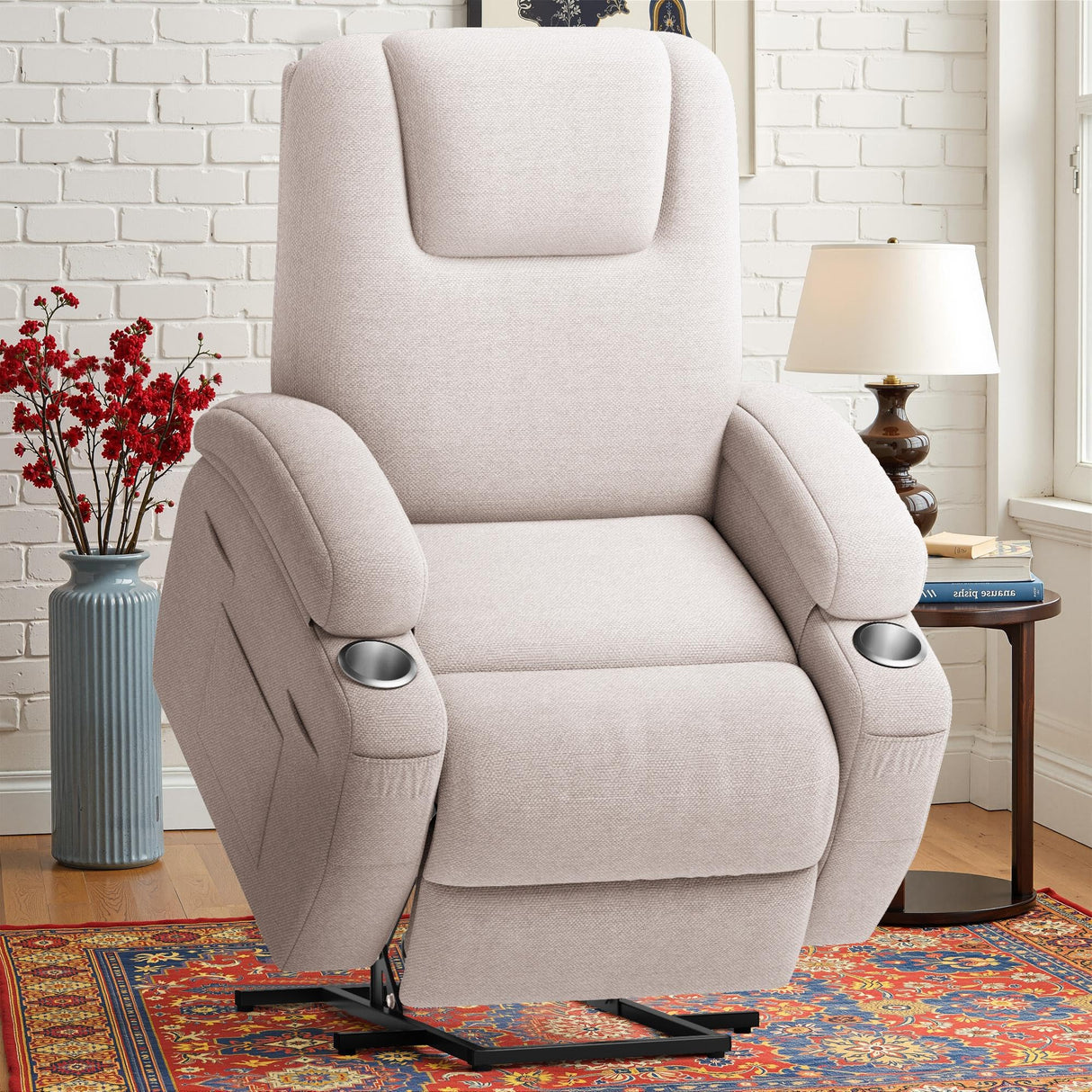 Power Lift Recliner Chair with Massage Electric Lift Chair for Elderly, Ergonomic Recliner with Cup Holders & Side Pockets, Modern Single Sofa for Living Room (Fabric, Beige) Shahoo