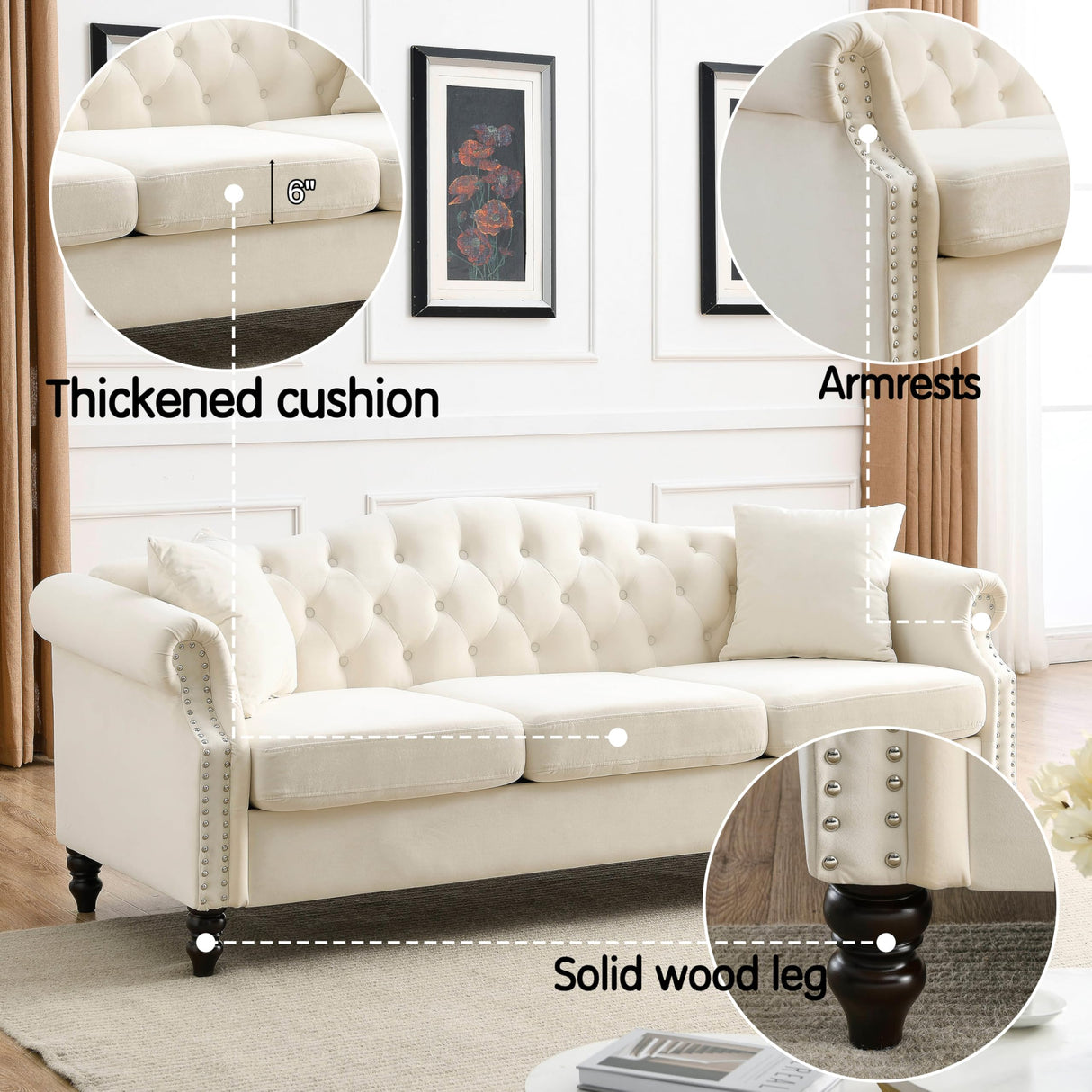 amervanito 2 Piece Modern Beige Velvet 79" 3-Seater Sofa Sets, Chesterfield Button Tufted Nailhead Combination Couch with 4 Pillows, Trimming Curved Backrest & Rolled Arm Sofa for Living Room amervanito