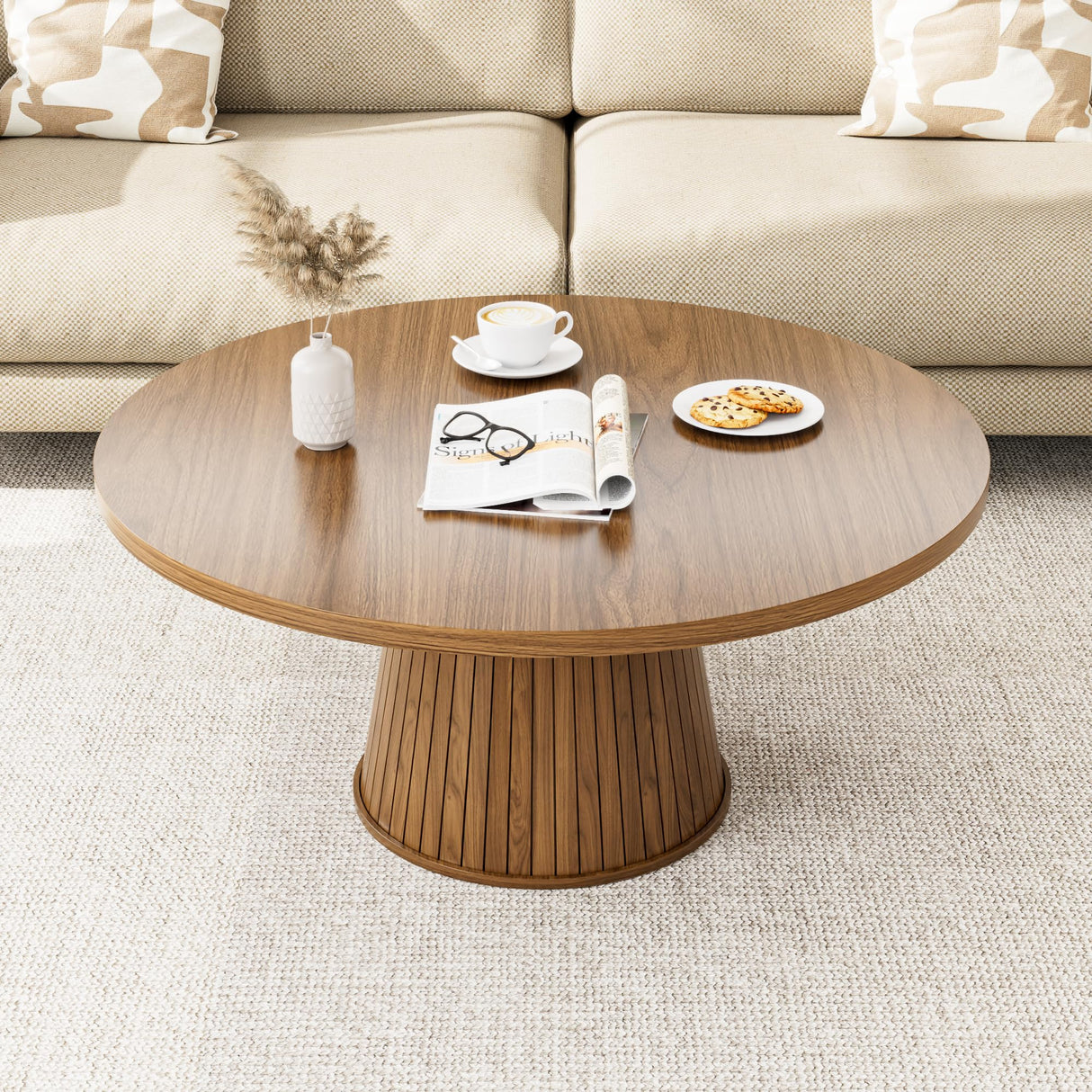 Fluted Round Coffee Table, Walnut Mid Century Modern Coffee Table, Small Circle Center Table, Brown, Farmhouse Wood, for Living Room, 31.5 Inches, Rustic, Easy Assembly Xyulmeo