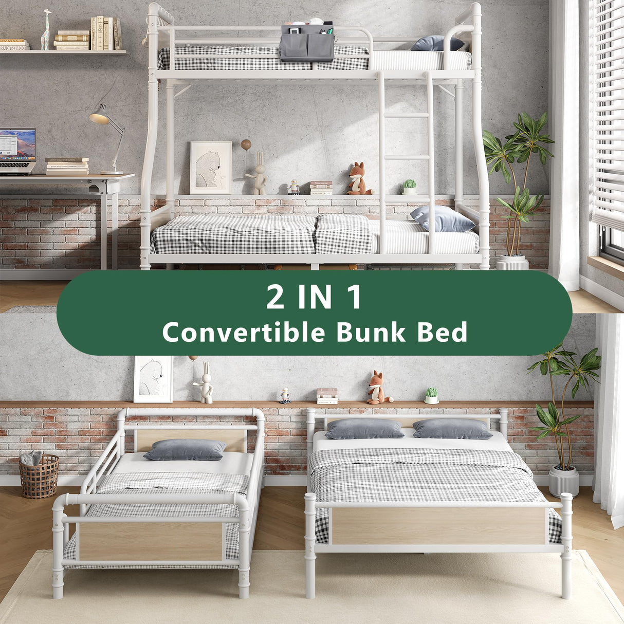 Jocoevol Metal Bunk Bed Twin Over Full, Industrial Bunkbeds Heavy Duty Bed with Safety Guard Rails and Space-Saving Design, Steel Bed for School, Bedroom (White) Jocoevol