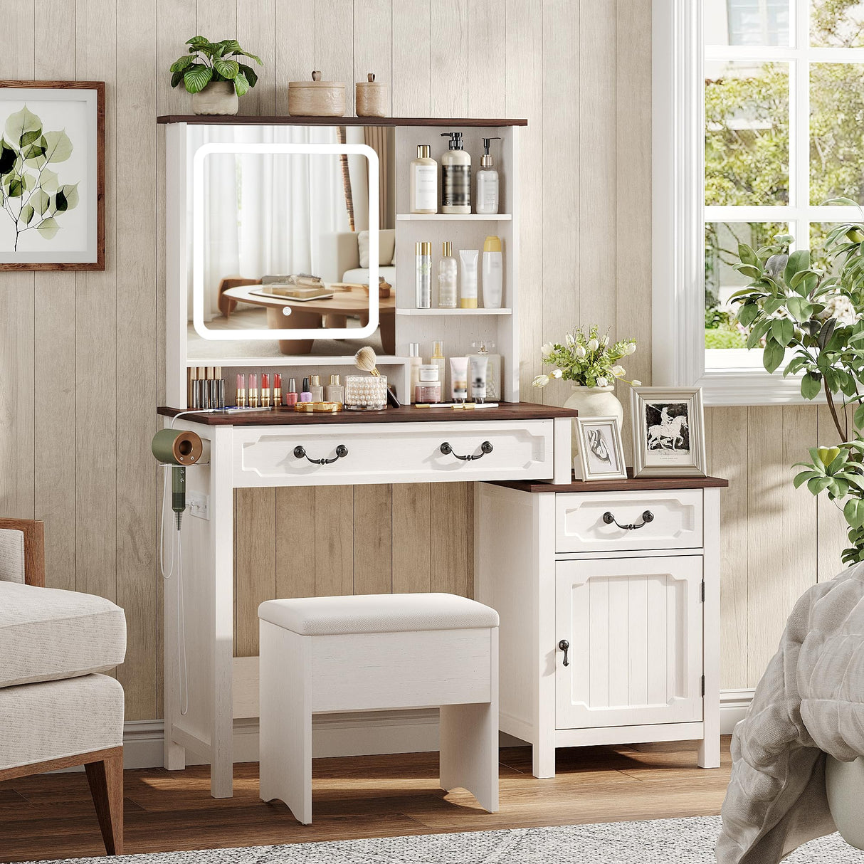 Maupvit Farmhouse Makeup Vanity Desk with LED-Light Mirror with Charging Station and Bedside Table ,3 Lighting Color Adjustable,White Vanity Desk Set with Large Drawers for Bedroom Maupvit