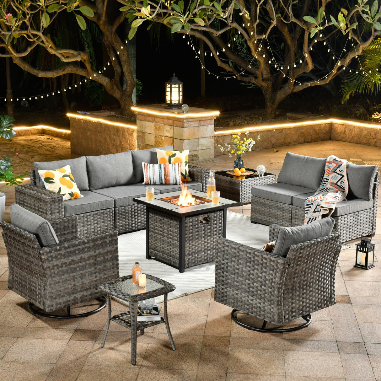 HOOOWOOO 10 Piece Modular Patio Outdoor Sectional Furniture Set with Gas Propane Fire Pit Table,Wicker Conversation Sofa Set with Swivel Chairs,Outside Couch Set(Dark Grey) HOOOWOOO