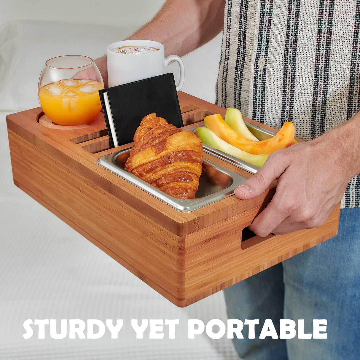 COZY HEROES Bamboo Couch Console Caddy: Ultimate Couch Cup Holder Tray, Middle-Couch Organizer, Drink Holder with Removable Magnetic Lid - Couch Center Console Perfect for Movie Nights for TV lovers COZY HEROES