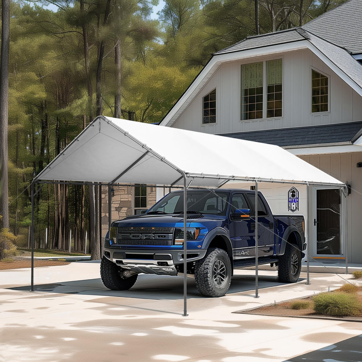PHI VILLA 12x20 ft Heavy Duty Carport Car Canopy Party Tent Adjustable Peak Height, Garage Storage Boat Shelter with Waterproof & UV Protected Tarp, White PHI VILLA