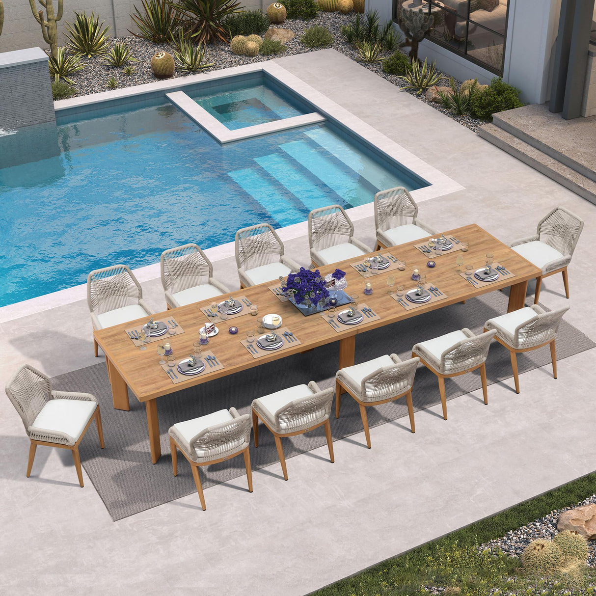 PURPLE LEAF 13 Pieces Patio Dining Set Aluminum Rectangular Table and Wicker Chairs with Cushions for Kitchen Porch Garden Modern Outdoor Furniture Sets, Teak PURPLE LEAF