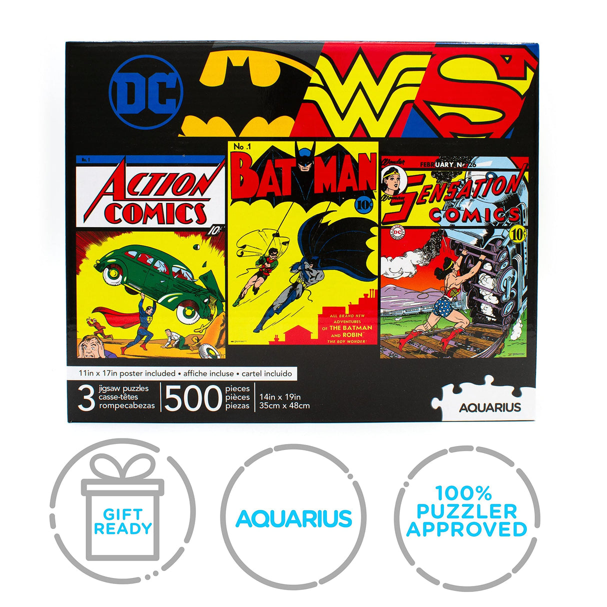 Aquarius Set of 3 DC Comics Puzzles (Three 500 Piece Jigsaw Puzzles) - Glare Free - Precision Fit - Officially Licensed DC Comics Merchandise & Collectibles - 14 x 19 Inches AQUARIUS