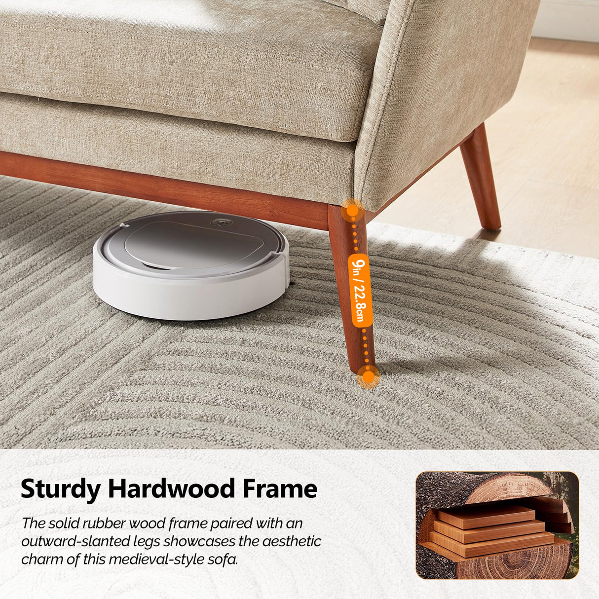 VINGLI 63.5" Comfy Small Upholstery Love Seat Couch with Soild Rubber Wood Frame, 2 Seater Mid Century Linen Fabric Loveseat Sofa, Mini Couch with Two Pillows for Small Spaces, Bedroom, Khaki VINGLI