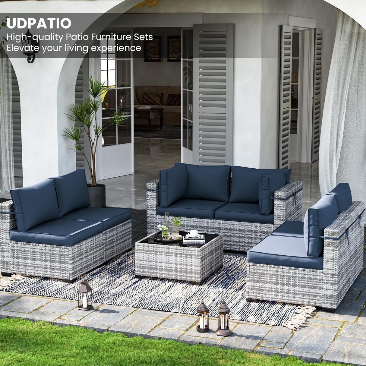 UDPATIO Patio Furniture Sets, Modular Rattan Outdoor Patio Sectional Furniture Sofa Set, Wicker Patio Conversation Set for Backyard, Deck w/Coffee Table, 7PC Grey/Blue (Include Sofa Cover) UDPATIO