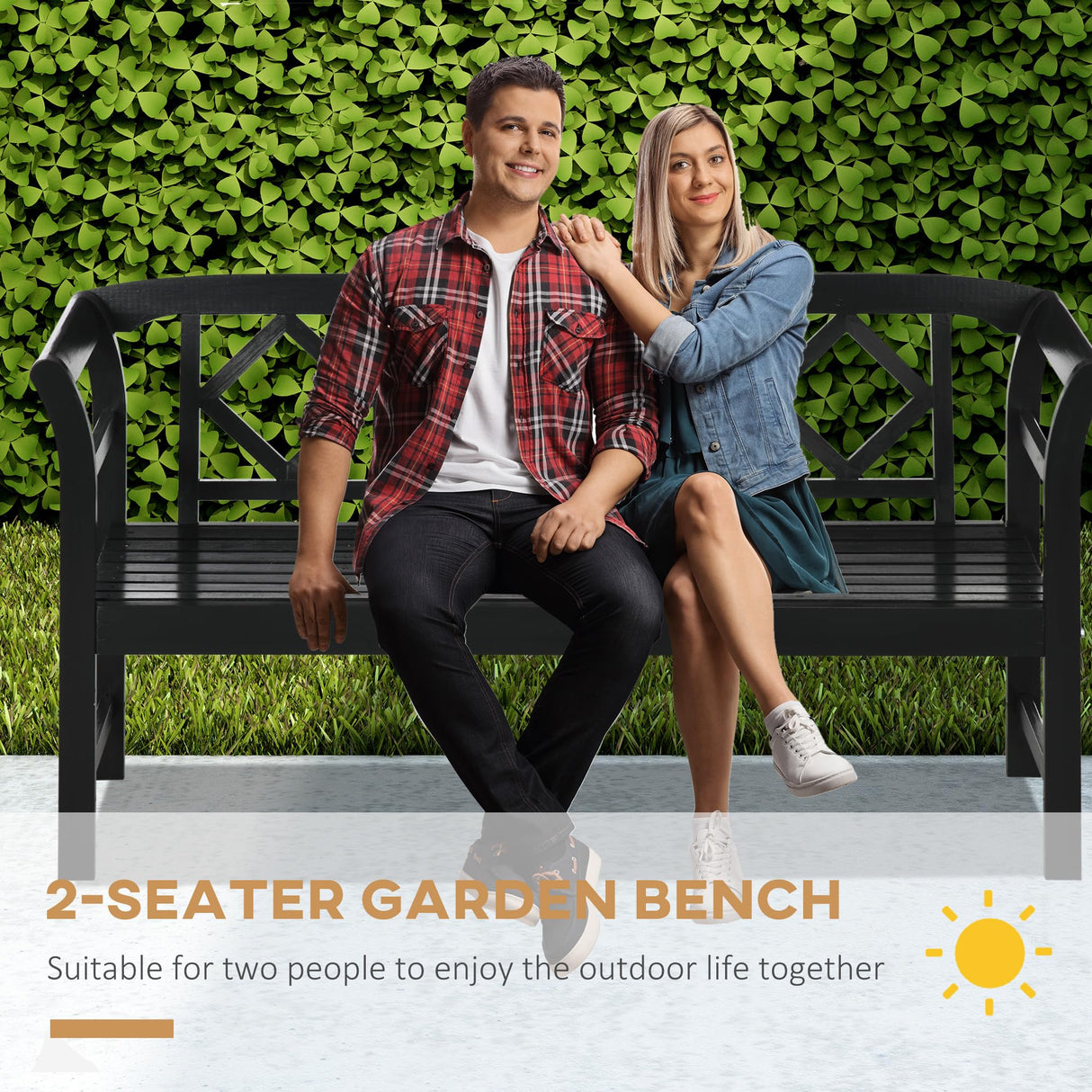 Outsunny Wooden Patio Bench, Outdoor Garden Bench with Backrest and Armrests, 3 Person Porch Bench with Rustic Country Diamond Pattern, Black Outsunny