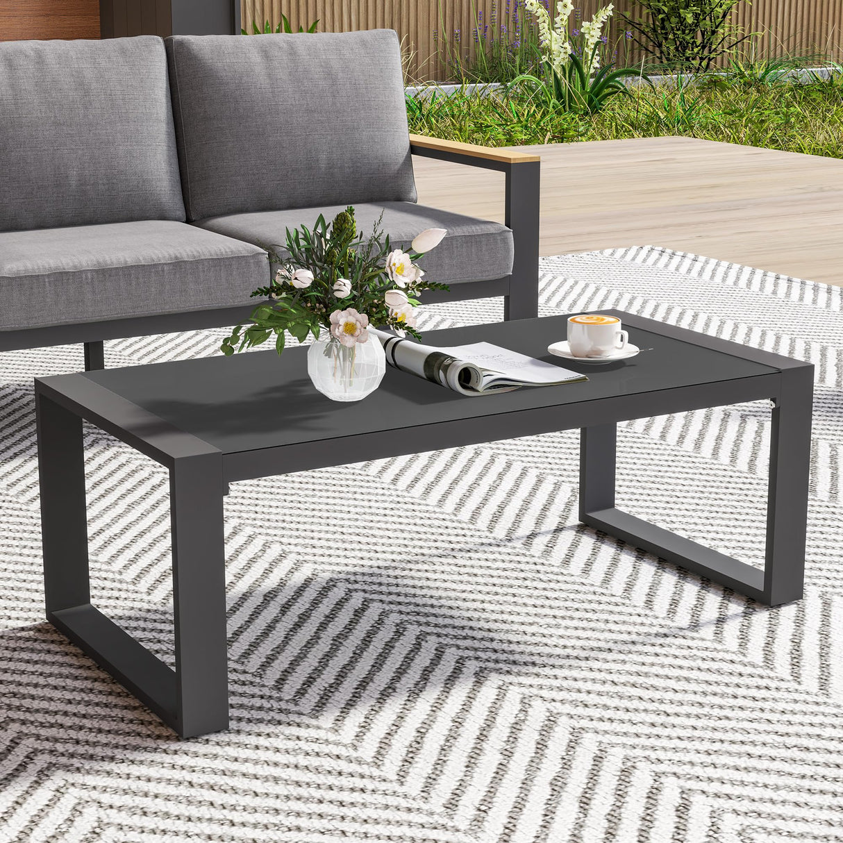 FansaFurn Aluminum Patio Outdoor Coffee Table with Tempered Glass Desktop, U-Frame Modern Patio Coffee Table with Adjustable Feet for Outdoor, Grey FansaFurn