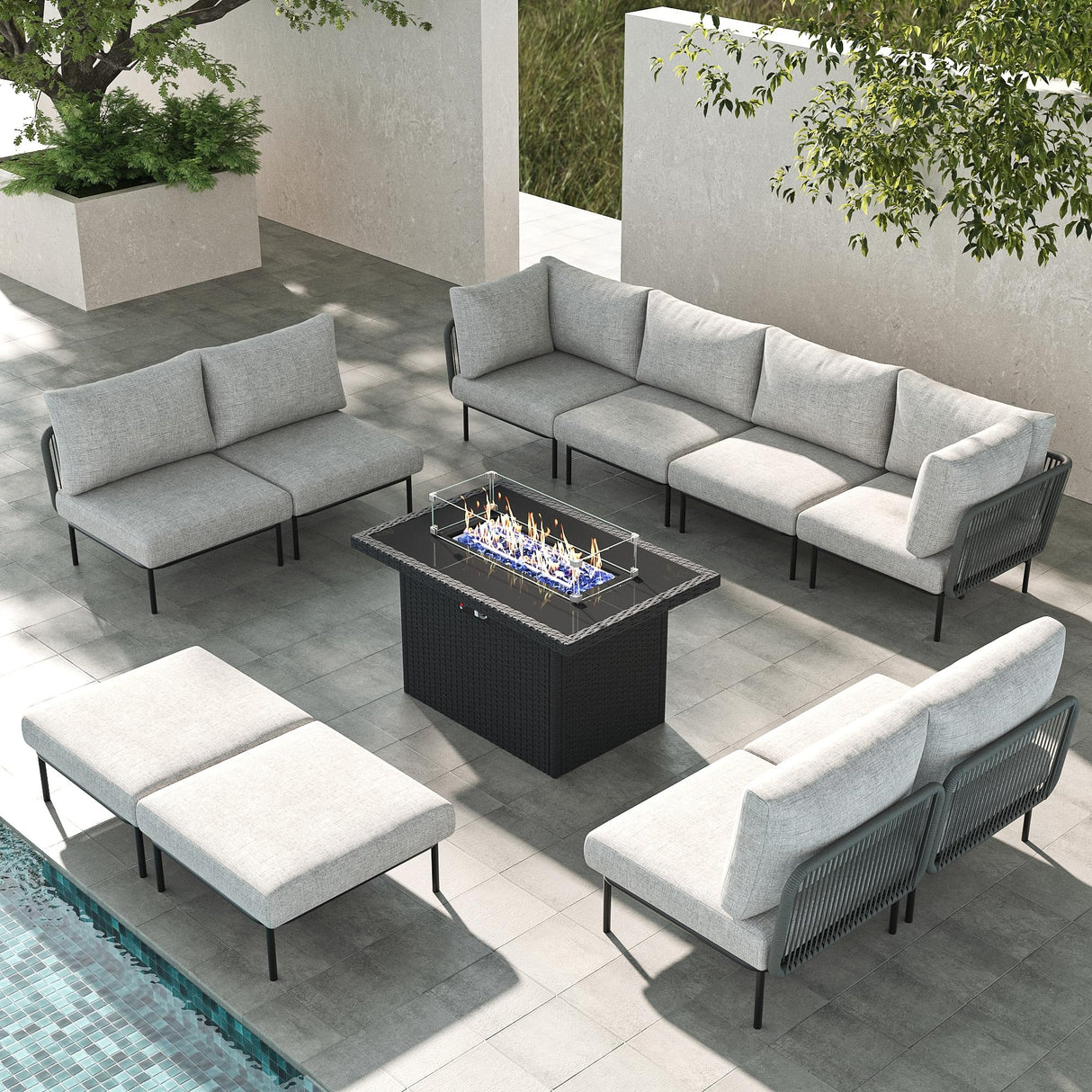 LayinSun 11 Pieces Aluminum Patio Furniture Set, Modern Modular Sectional Sofa with Fire Pit Table and Upgrade Thickness Cushion LayinSun