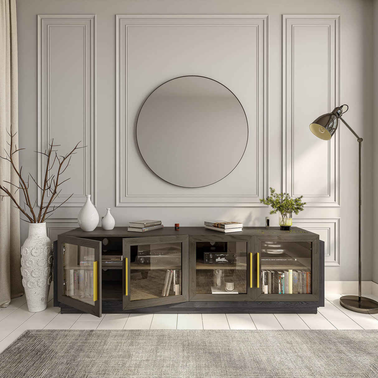 BELLEZE 70" TV Stand for TVs up to 75", Modern TV Cabinet & Entertainment Center with Shelves, Wood Storage Cabinet for Living Room or Bedroom - Brixston (Brown) BELLEZE