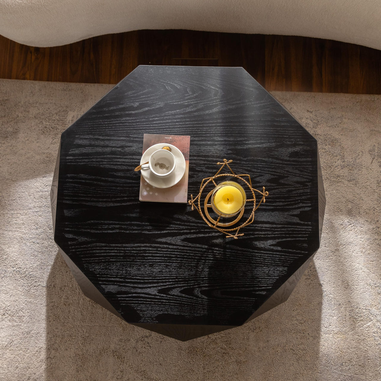 38" Modern Farmhouse Drum Coffee Table, American Retro Style Coffee Table for Office, Dining Room and Living Room, Black KIGFTSOD