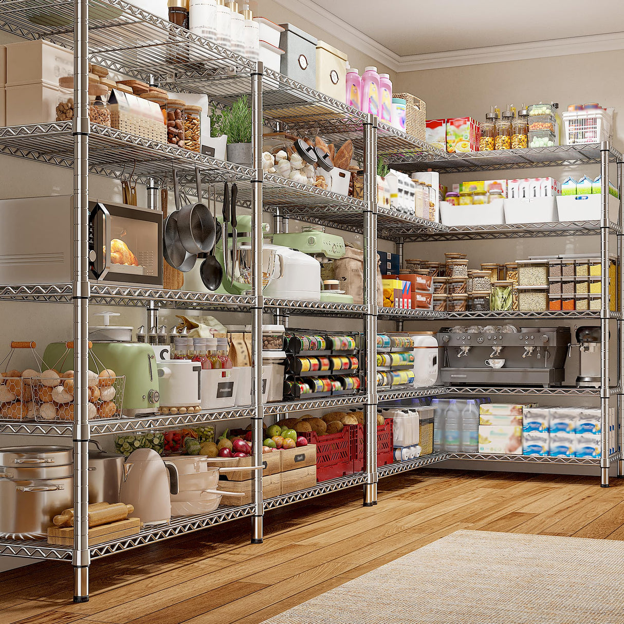 REIBII 1500LBS Storage Shelves 61.7''W Wire Shelving Unit 5 Tier Metal Shelving for Storage Rack Shelves Heavy Duty Garage Shelf Pantry Shelves Kitchen Shelving, 61.7" W*72.4" H*15.8" D, Chrome REIBII