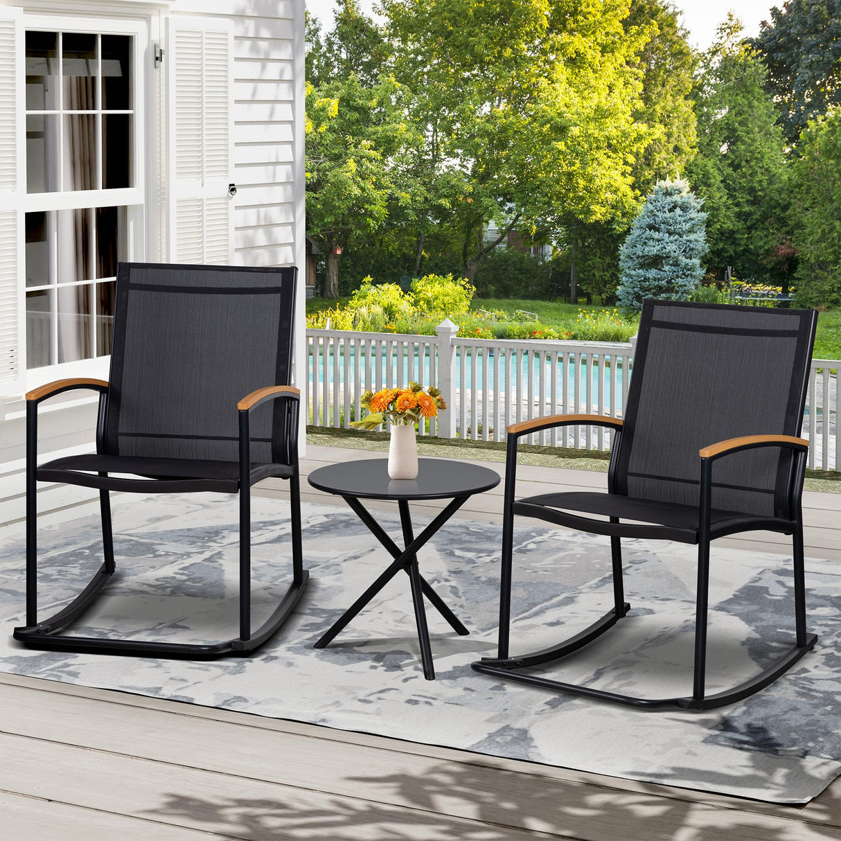 Shintenchi 3 Piece Outdoor Rocking Bistro Set, Textilene Fabric Small Patio Furniture Set, Front Porch Rocker Chairs Conversation Set with Table for Lawn, Garden, Balcony, Poolside (Black) Shintenchi