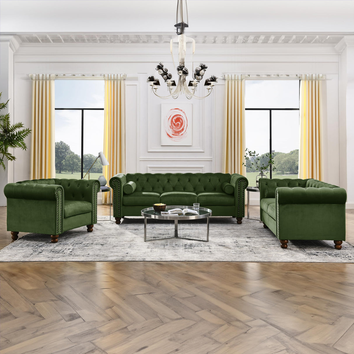 Asucoora Tufted Velvet Sofa Couch for Living Room, Rolled Arm 3-Seater Sofa Couch with Nailhead Trim and 2 Neck Roll Pillows, Small Apartment Chesterfield Sofa Green Asucoora