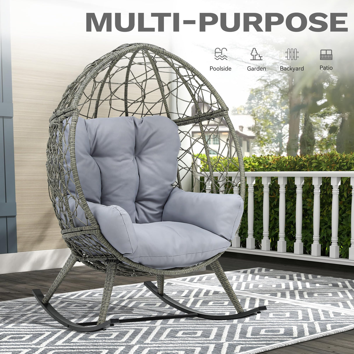 DWVO Wicker Rocking Egg Chair, Oversized Indoor Outdoor Rattan Rocking Chair, Indoor Outdoor Lounger for Patio, Backyard, Living Room, Light Gray DWVO