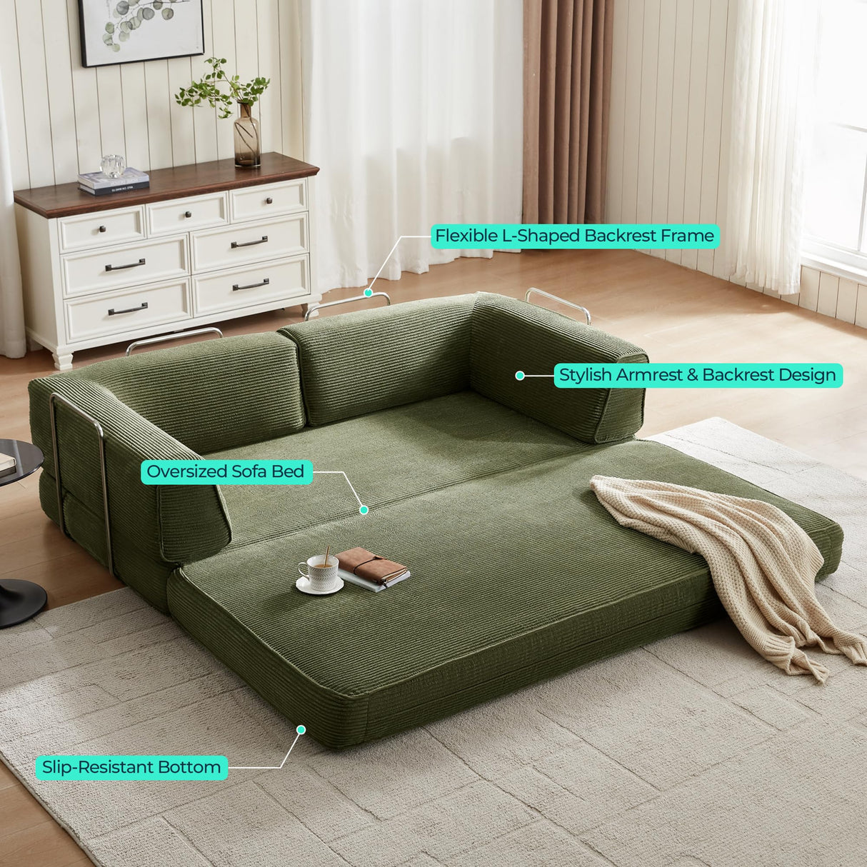 LINSY HOME 79'' Convertible Sofa Bed - Boneless Compression Sofa Folding Loveseat Sleeper - Foldable Corduroy Couch Bed for Living Room Bedroom - Modular Sectional Compressed Sofa in Box, Green LINSY HOME