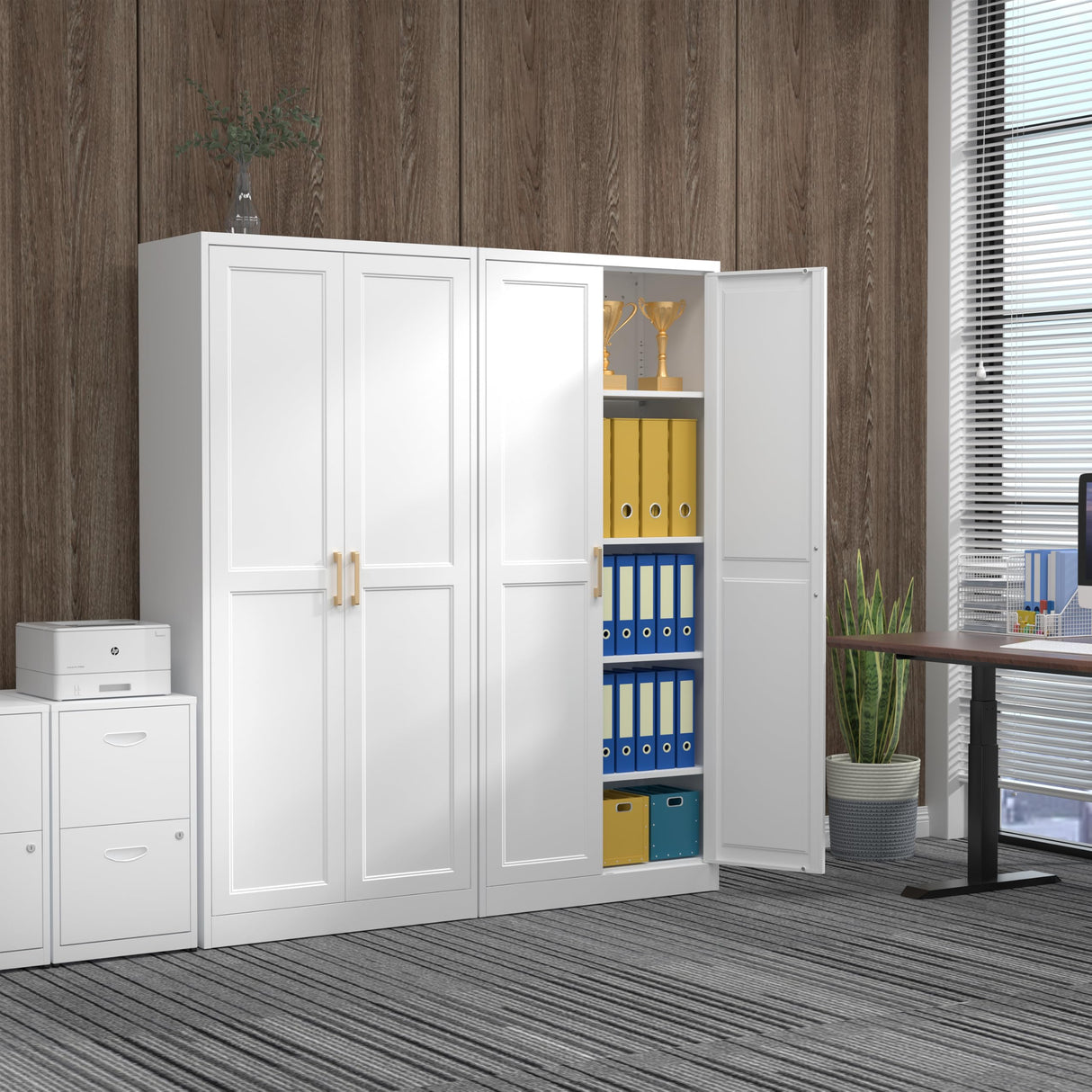 Kubohogar 71" Tall Metal Pantry Cabinet, White Kitchen Pantry Storage Cabinet with 4 Adjustable Shelves and Gold Handles, Cupboard for Kitchen, Dining Room, Living Room, Bathroom Kubohogar