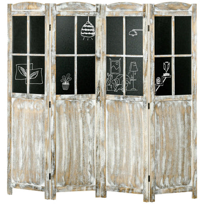 HOMCOM 4 Panel Room Divider, 5.6' Tall Farmhouse Style Folding Indoor Portable Wood Privacy Screen with Black Boards, Hinged Freestanding Partition Wall Dividers for Home Office, Natural