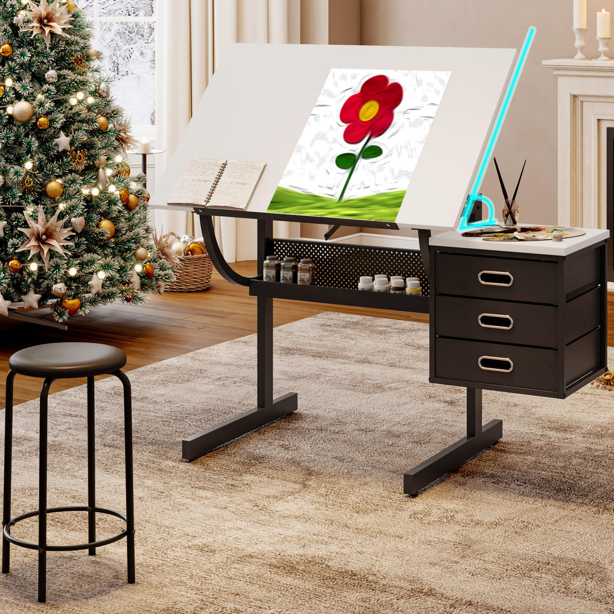 Art Table for Adults,Drafting Table, Adjustable Professional Art Drawing Table, Drawing Table with Stool and Tilting Tabletop, 3 Storage Drawers Craft Desk for Reading, Drawing, Office Use (Black) Doeqkue