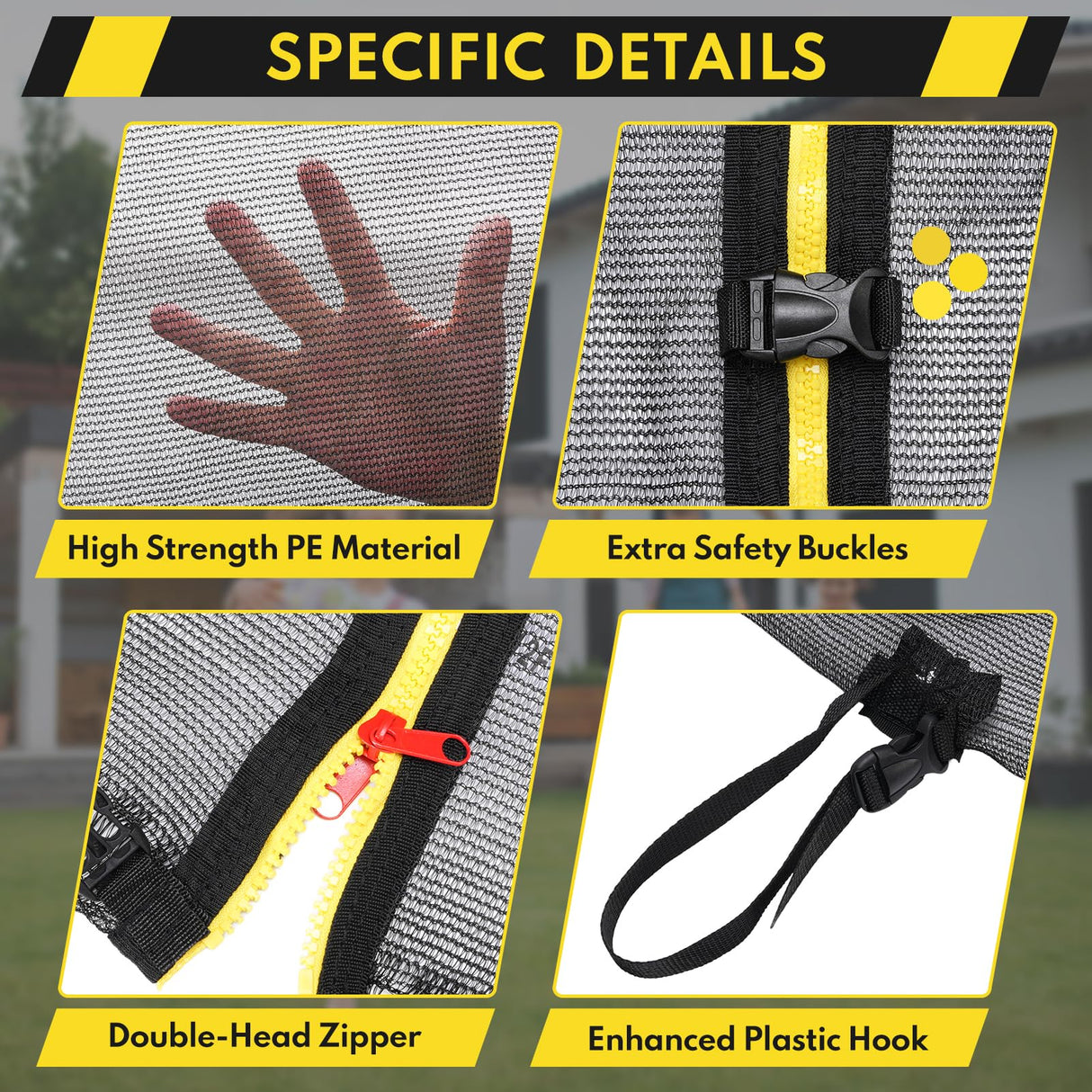 Trampoline Safety Net, 12ft Weather-Resistant Replacement Enclosure Net for 6 Poles Round Frame, with Double-Headed Zippers and Adjustable Straps ZEMBSOYA